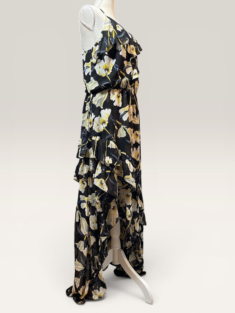 NWT Airy Ruffled Tiered Black Floral High-Low Maxi Dress Size 12